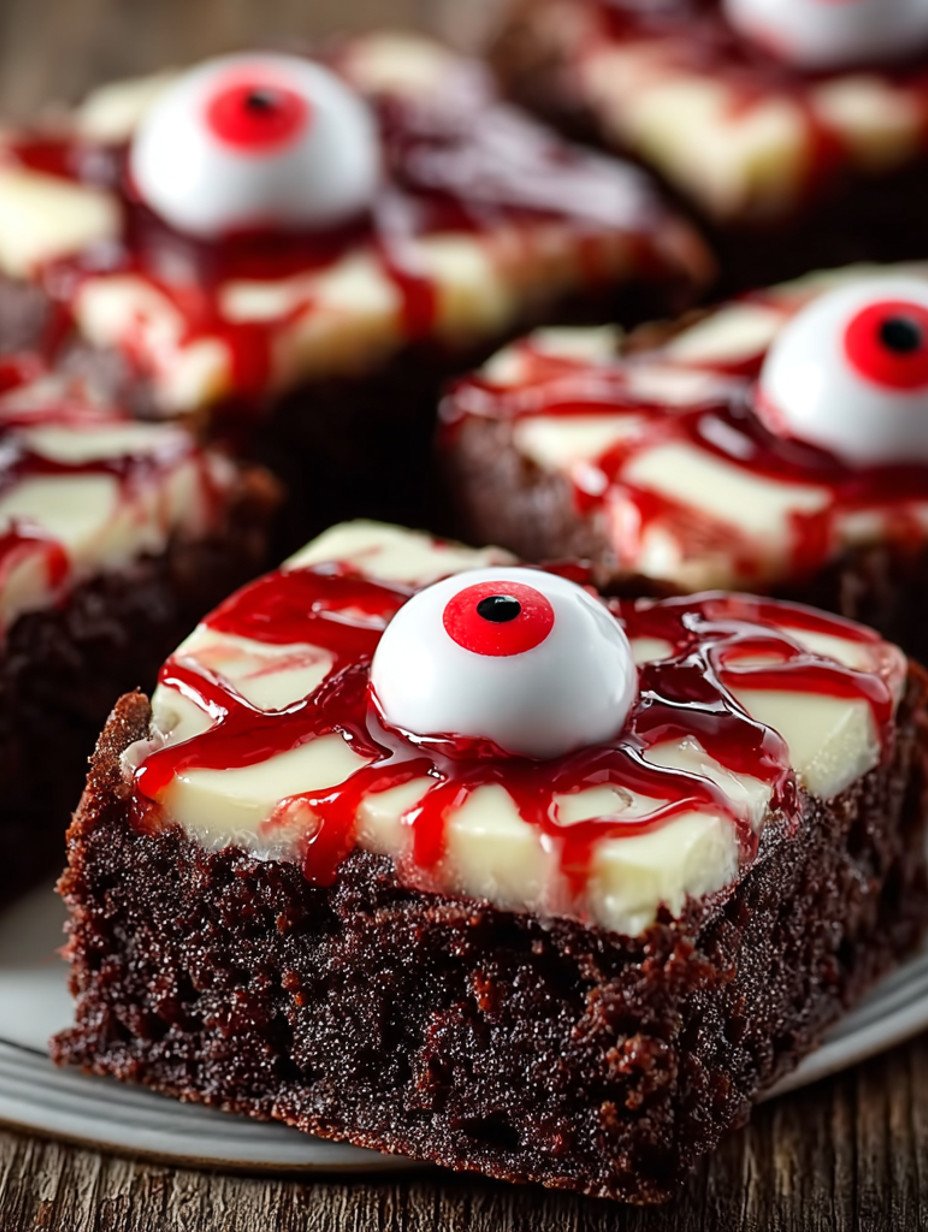 A close up of a chocolate cake with a red glaze and a red eye.