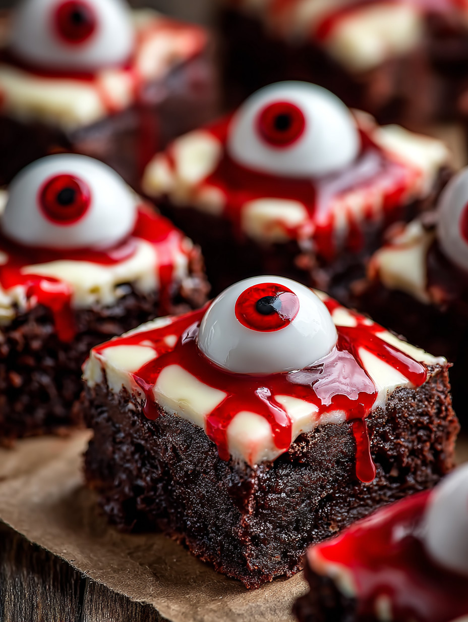 A close up of a chocolate brownie with a red glaze and a white eyeball on top.