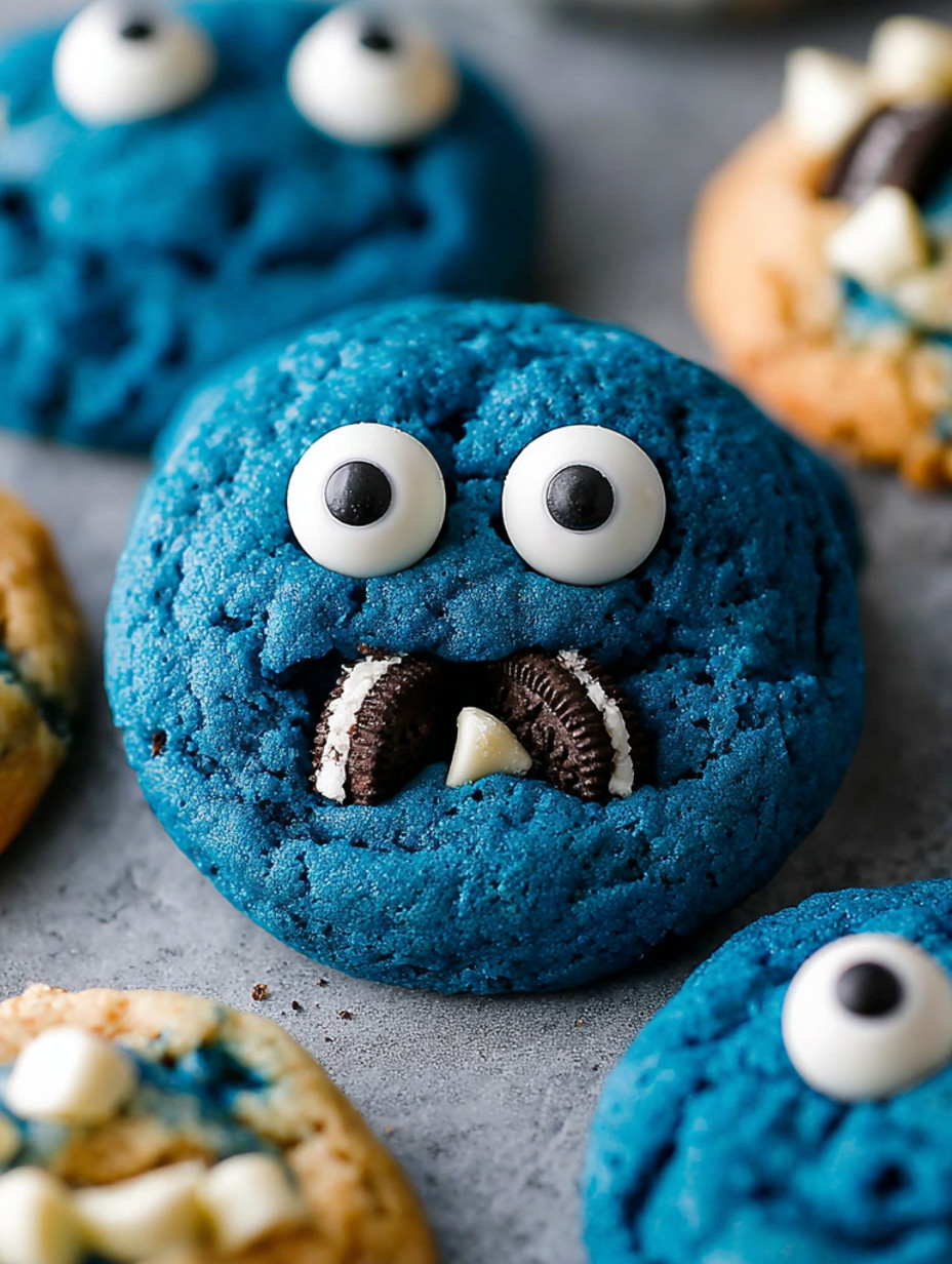 A blue cookie with a white chocolate chip and a black cookie with a white chocolate chip.
