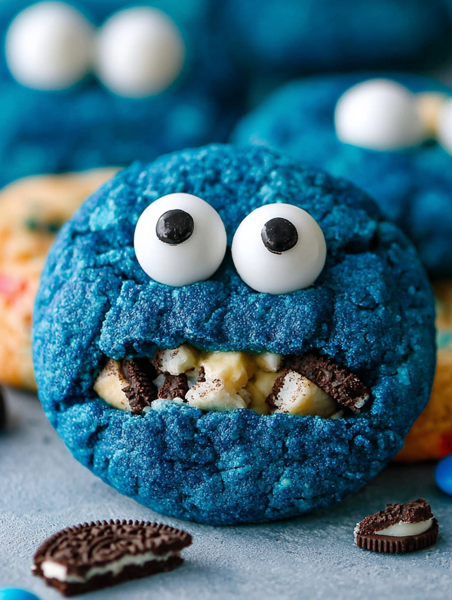 A blue cookie with a face on it.