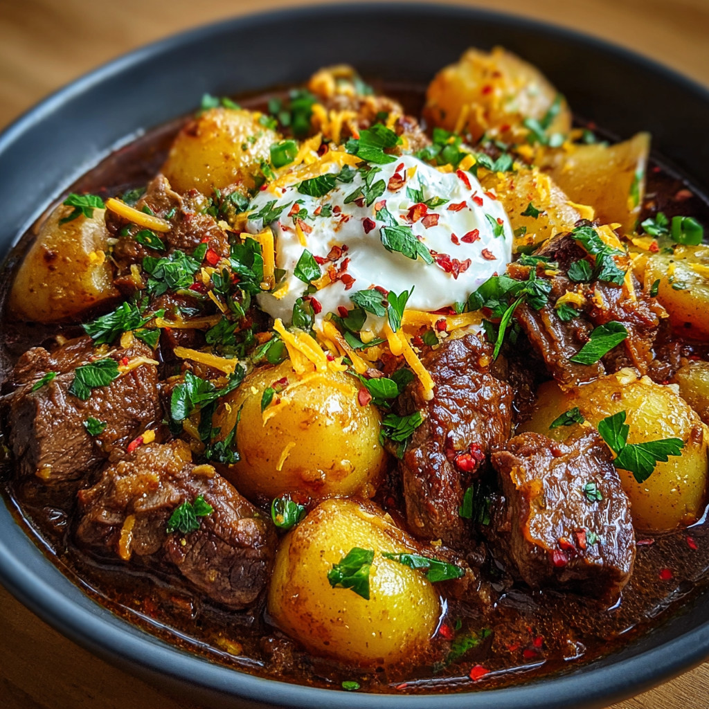 A bowl of stew with meat and potatoes.