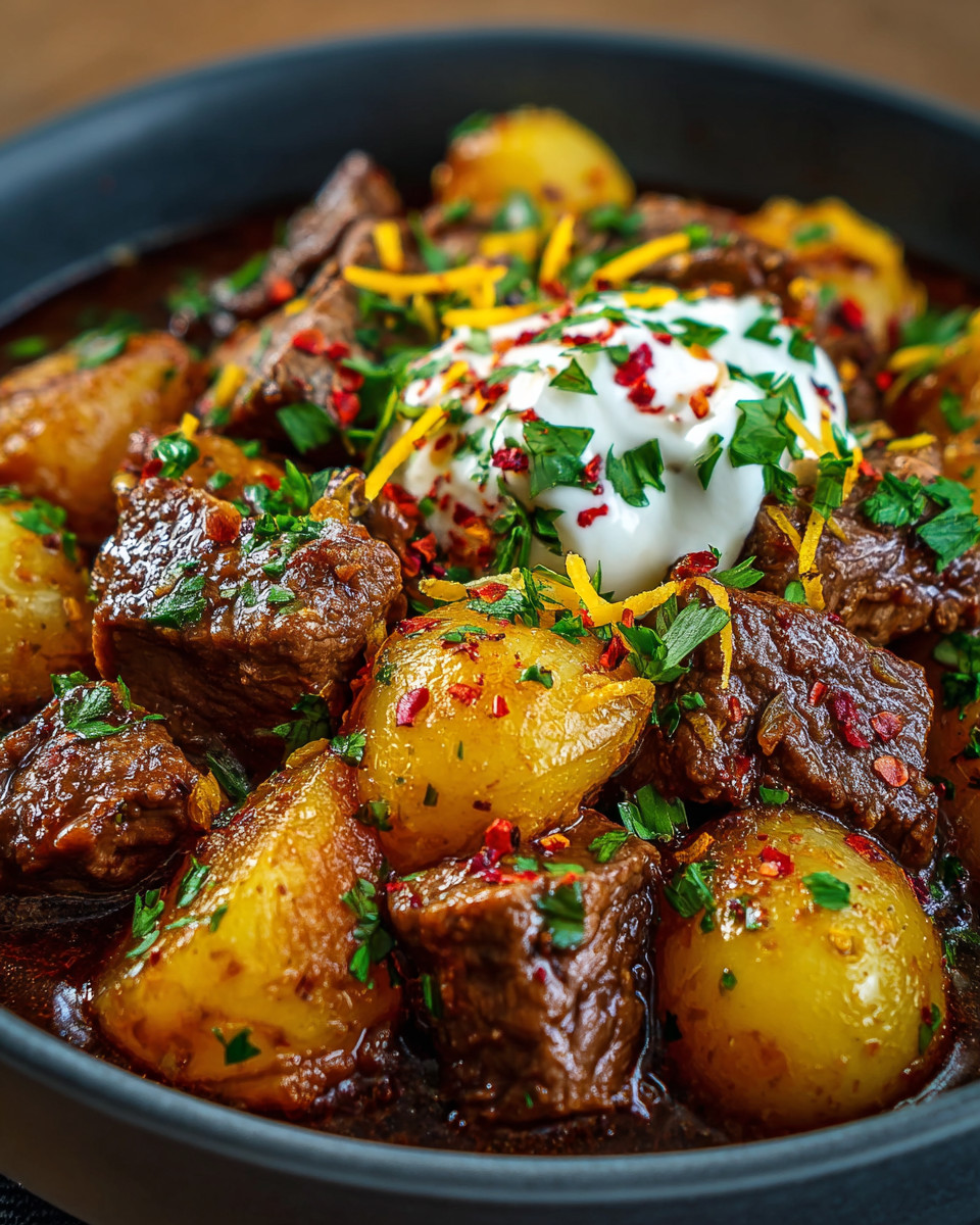 A bowl of meat and potatoes.
