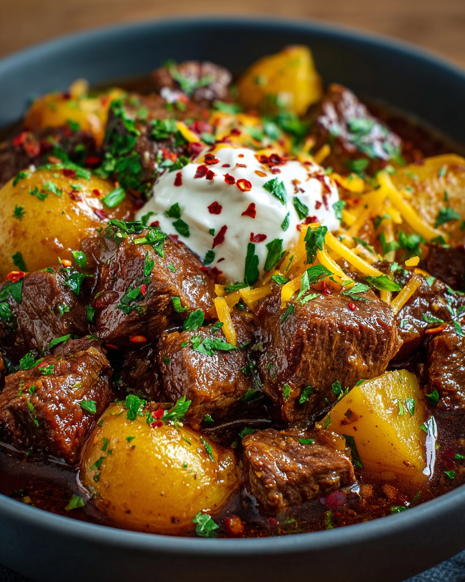 A bowl of meat and potatoes.