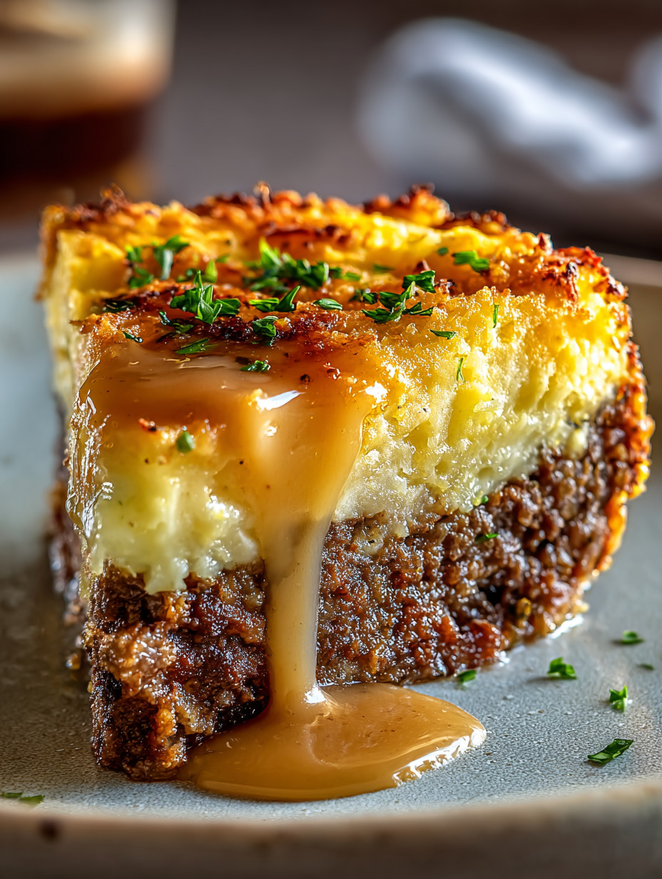 A slice of pie with syrup dripping off.