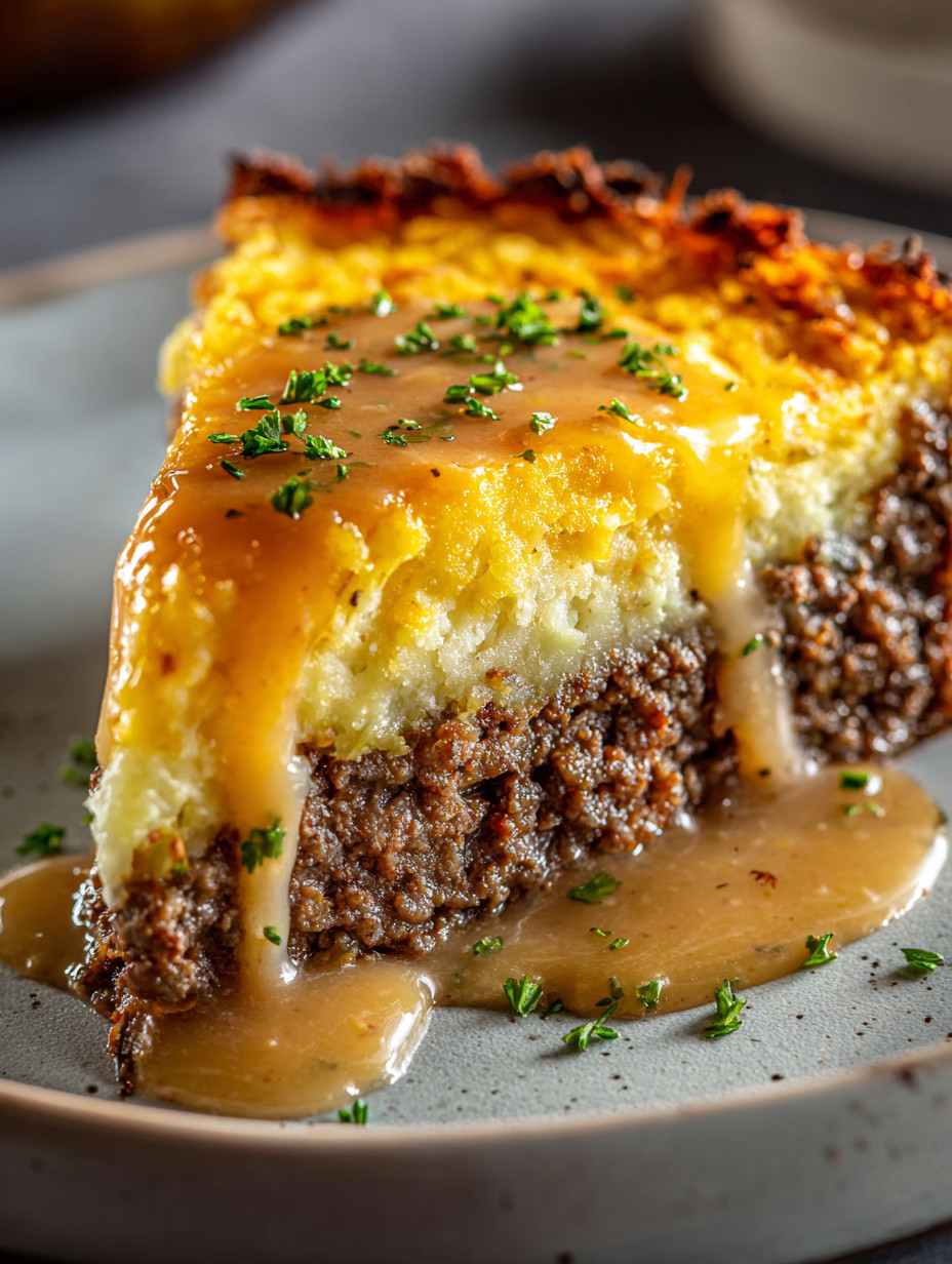 A slice of pie with a brown sauce on it.