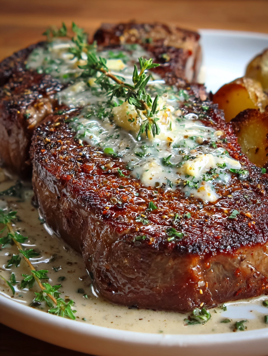 A plate of meat with sauce and herbs.