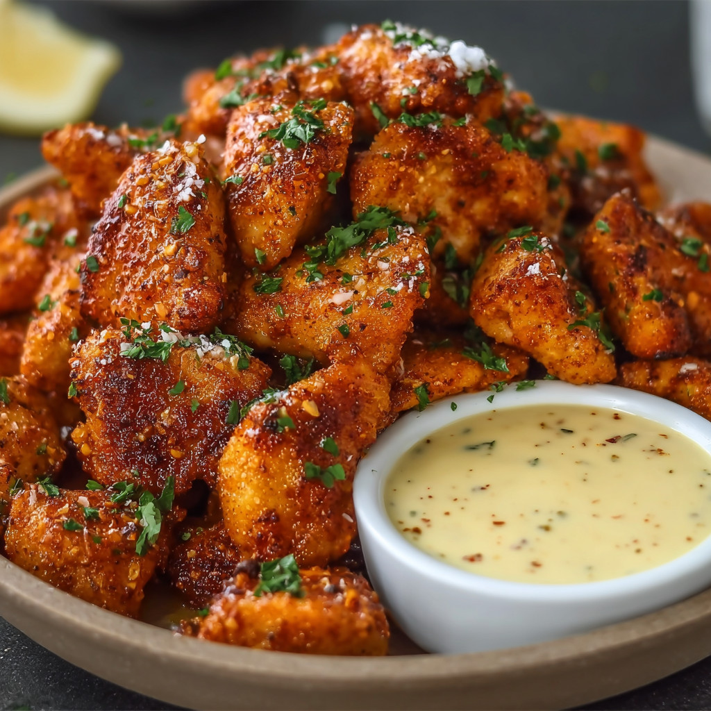 A bowl of breaded chicken with a dipping sauce.