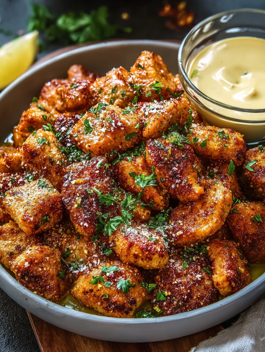 A bowl of breaded meat with a side of dipping sauce.