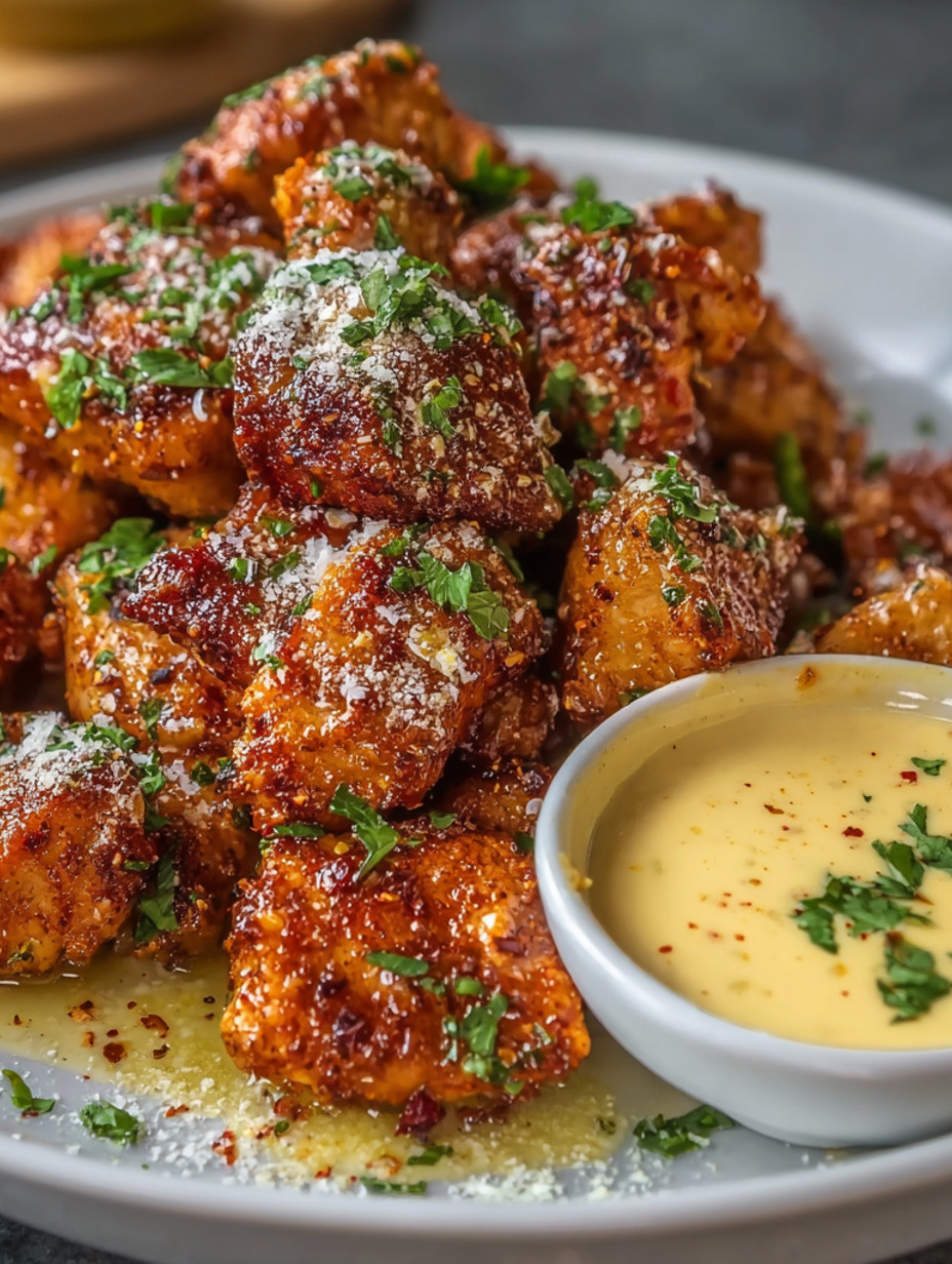 A plate of breaded food with a bowl of sauce.