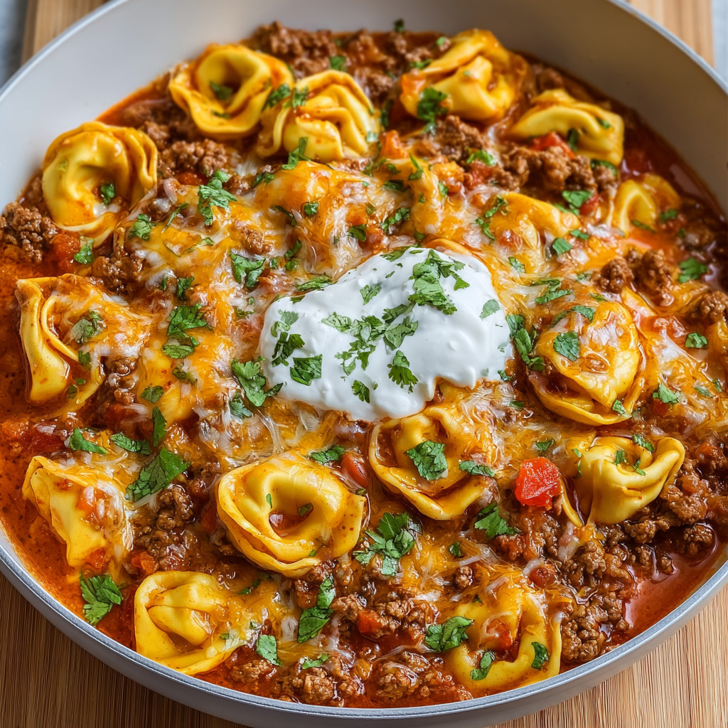 A bowl of pasta with meat and cheese.