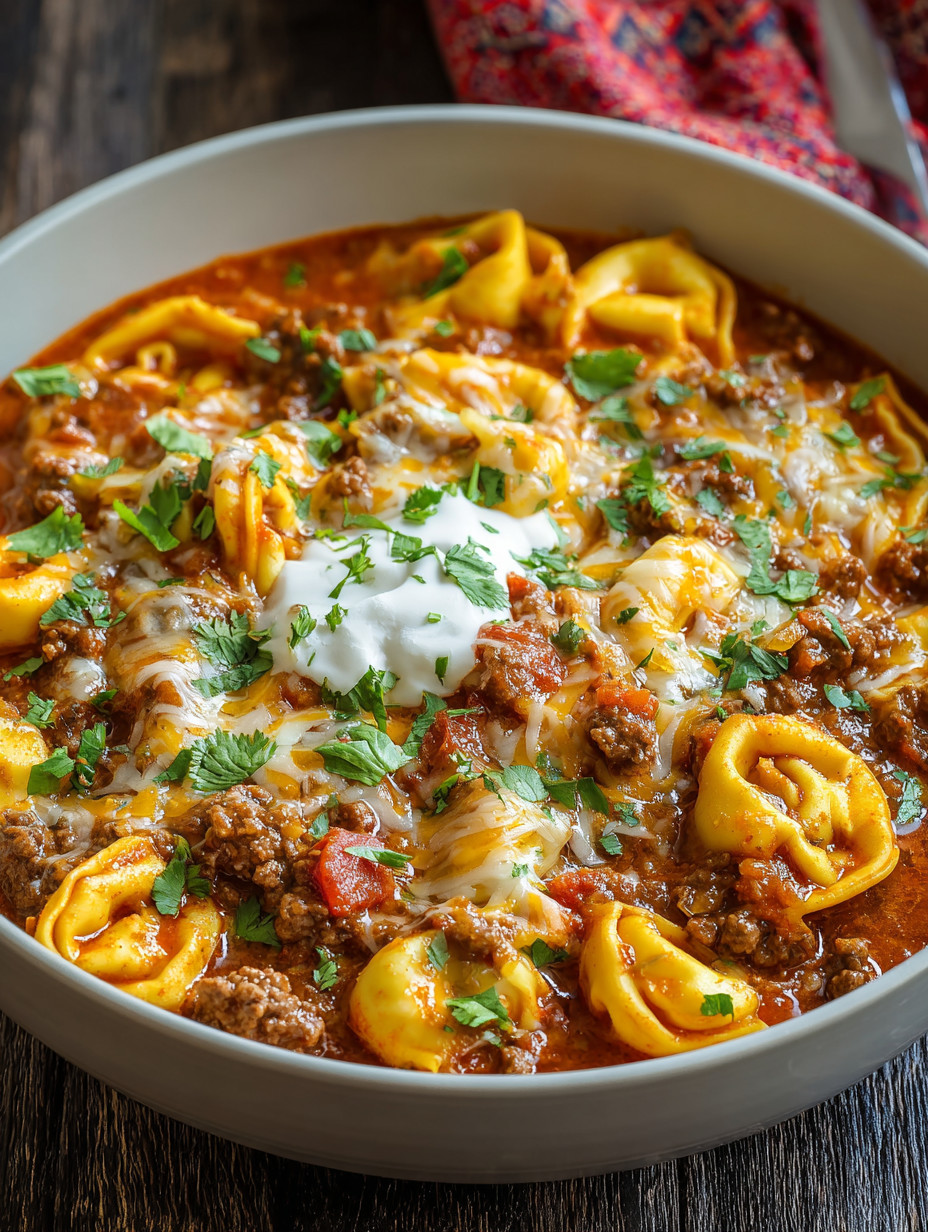 A bowl of pasta with meat and cheese.