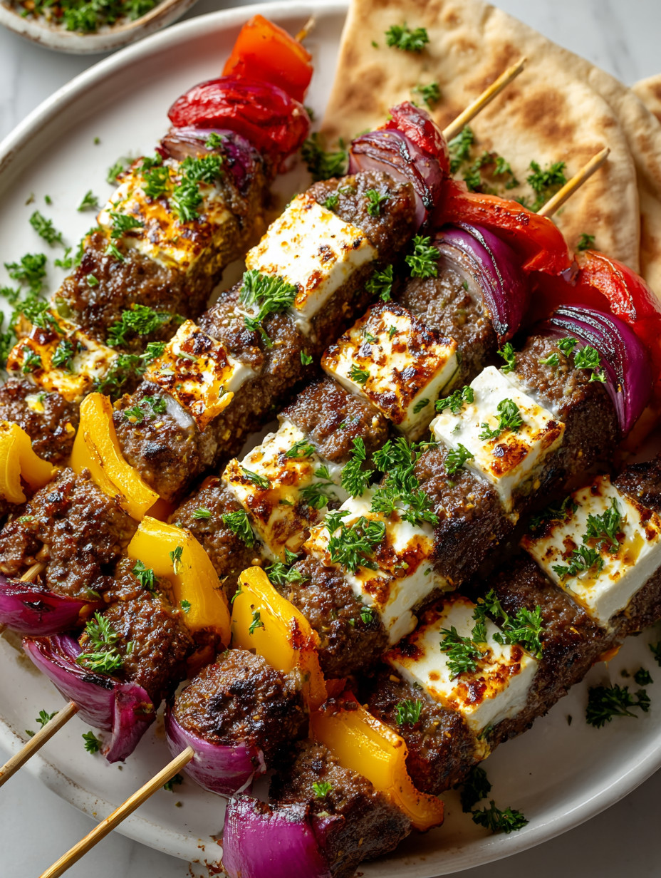 A plate of food with a skewer of meat and vegetables.