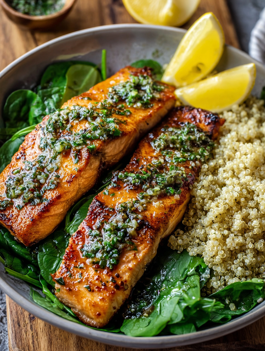 A bowl of food with fish, rice, and greens.