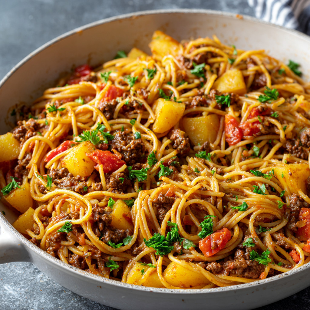 A bowl of pasta with meat and vegetables.
