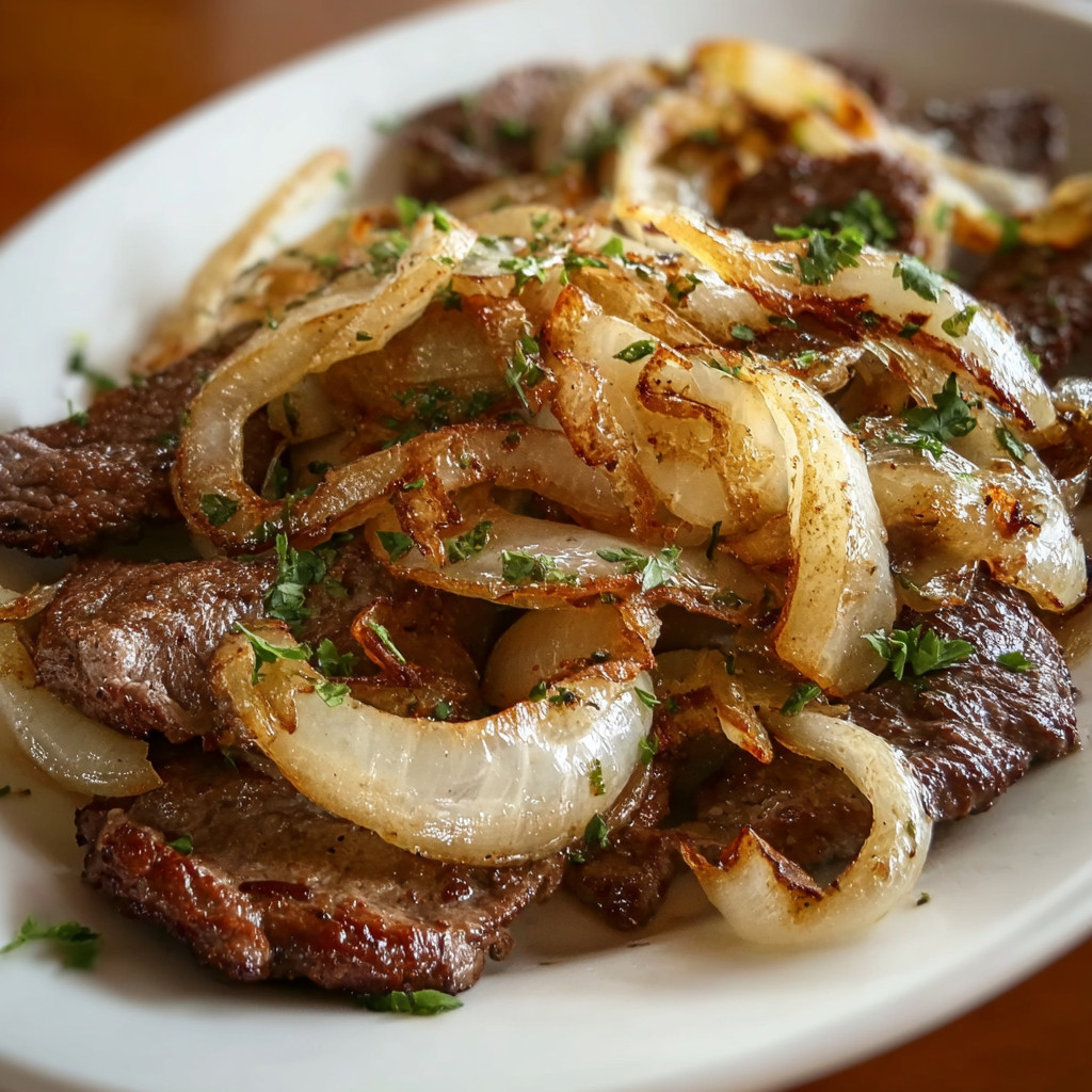 A plate of meat with onions on it.