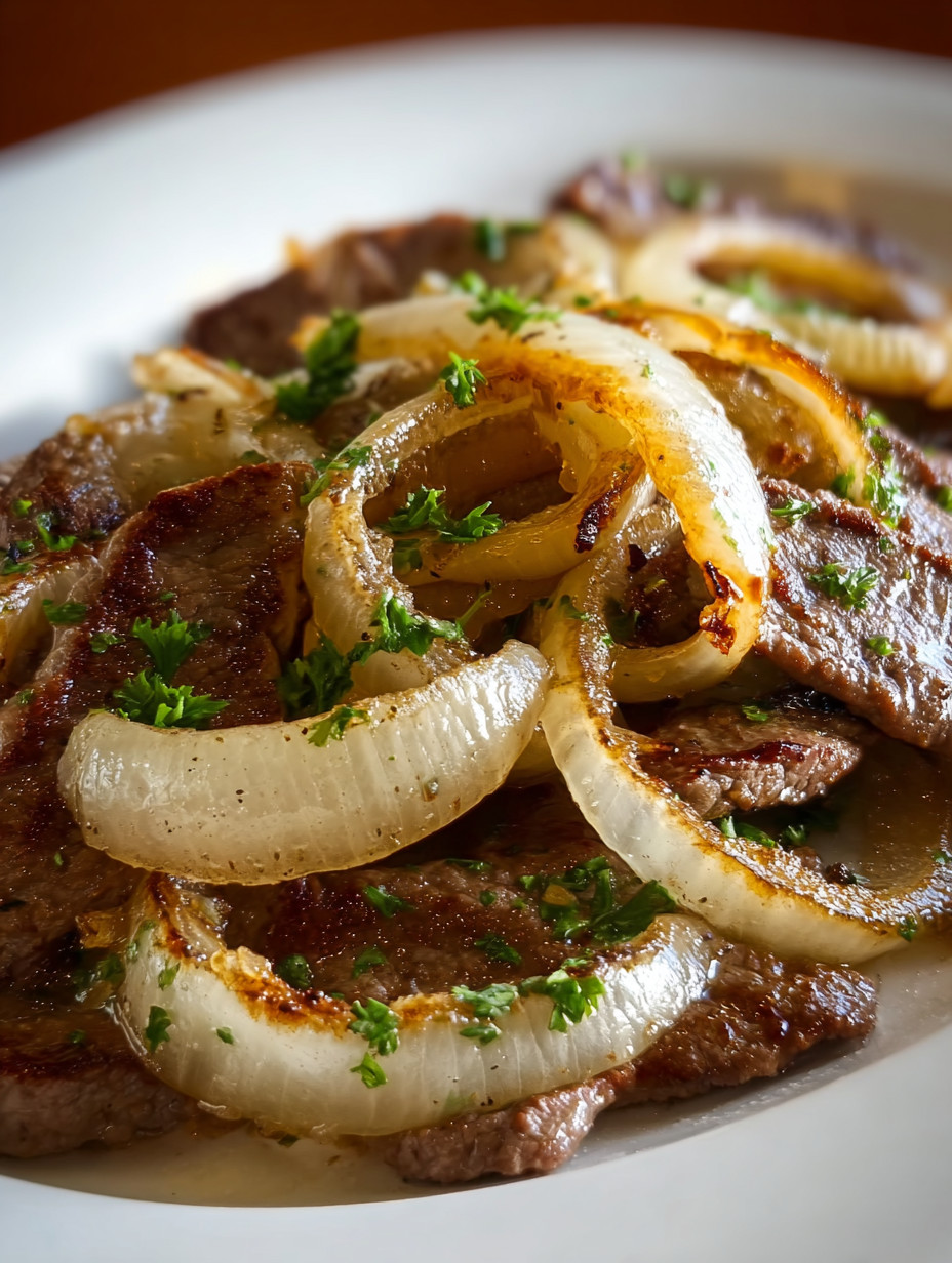 A plate of meat with onions on top.