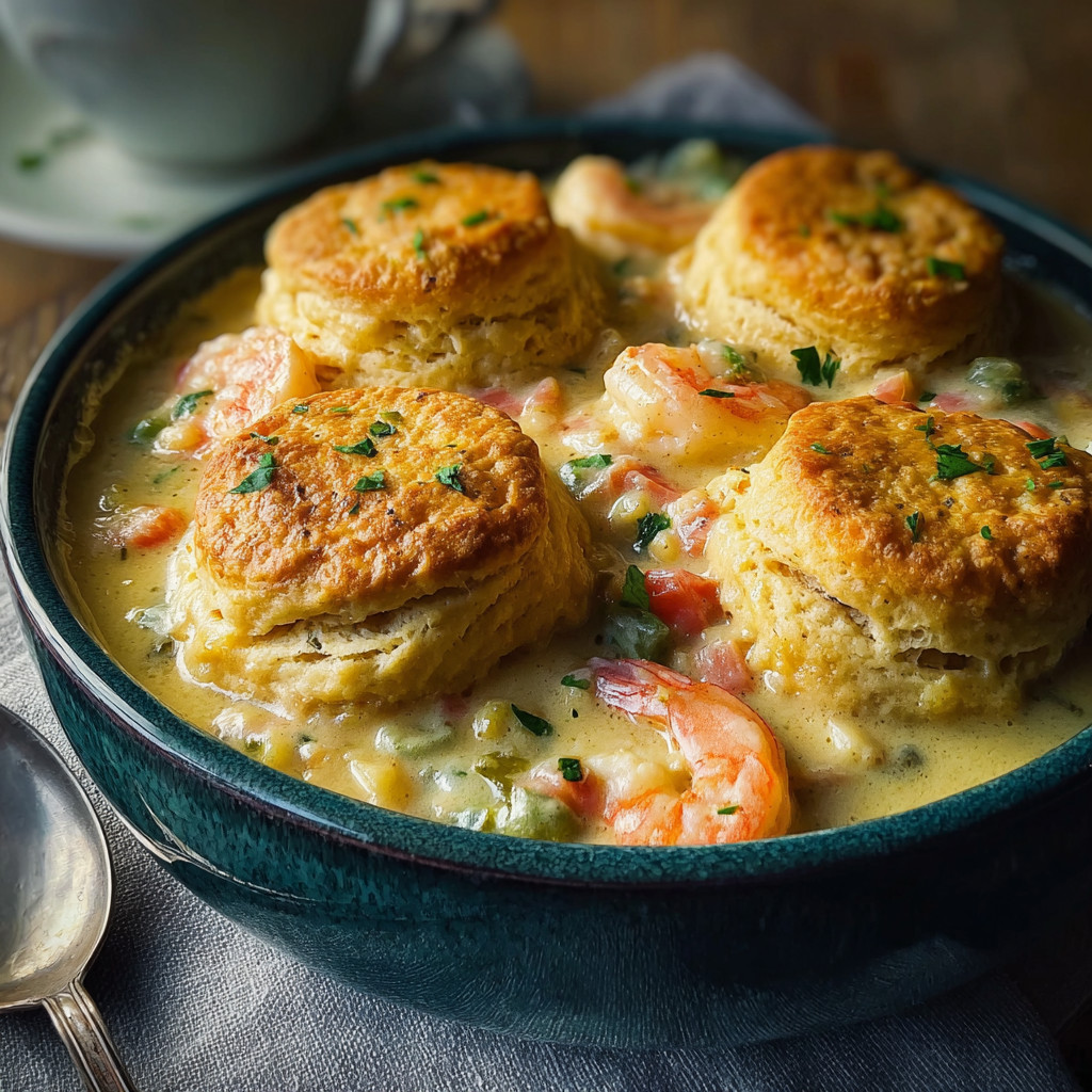 A bowl of soup with biscuits and shrimp.