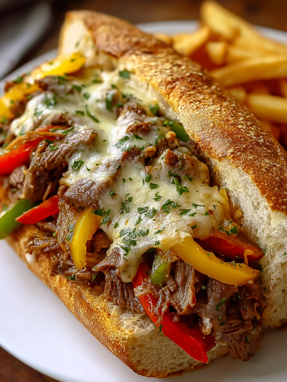 A sandwich with meat and peppers on a bun.