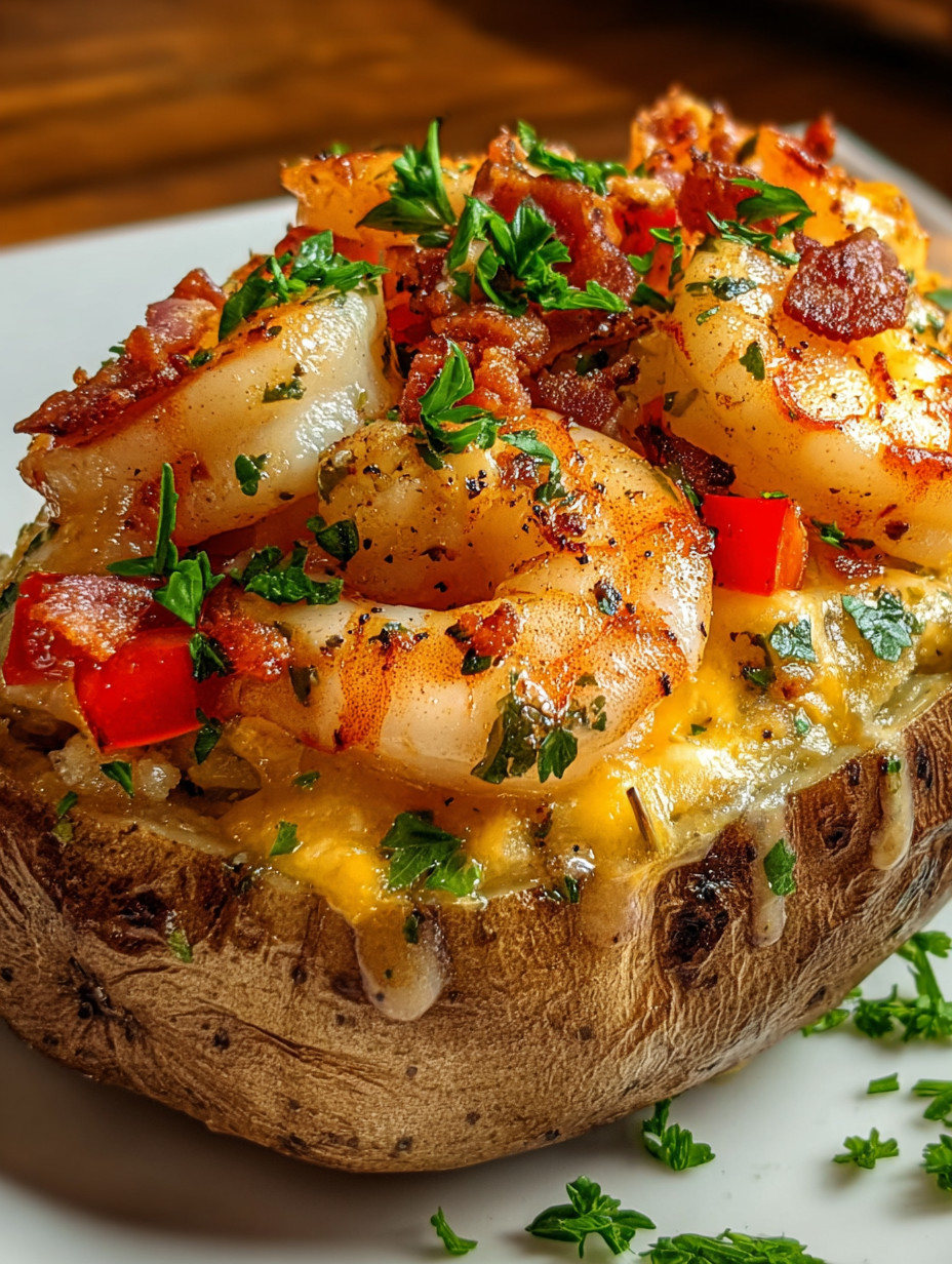 A close up of a cooked shrimp and bacon dish.