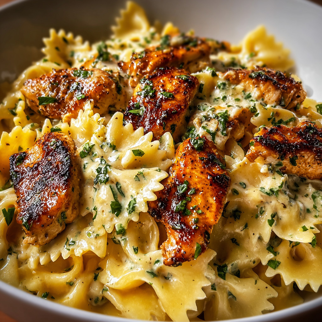 A bowl of pasta with chicken and cheese.