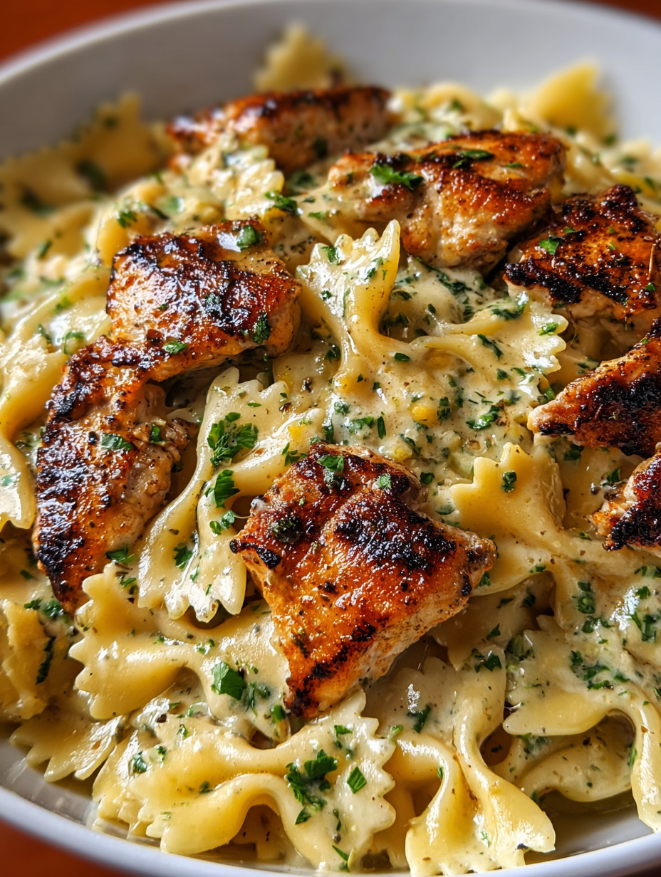 Chicken and pasta on a plate.