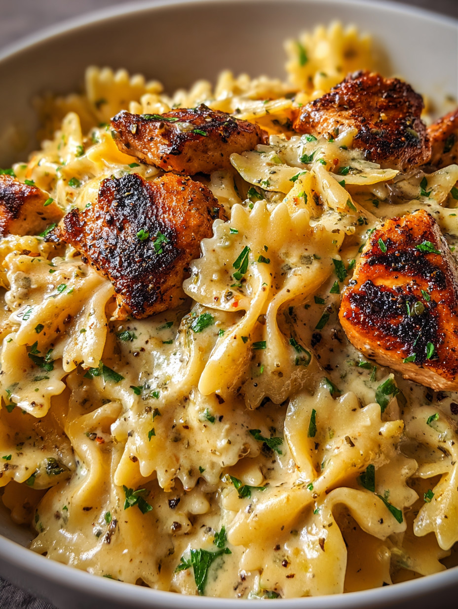 A plate of pasta with chicken and herbs.