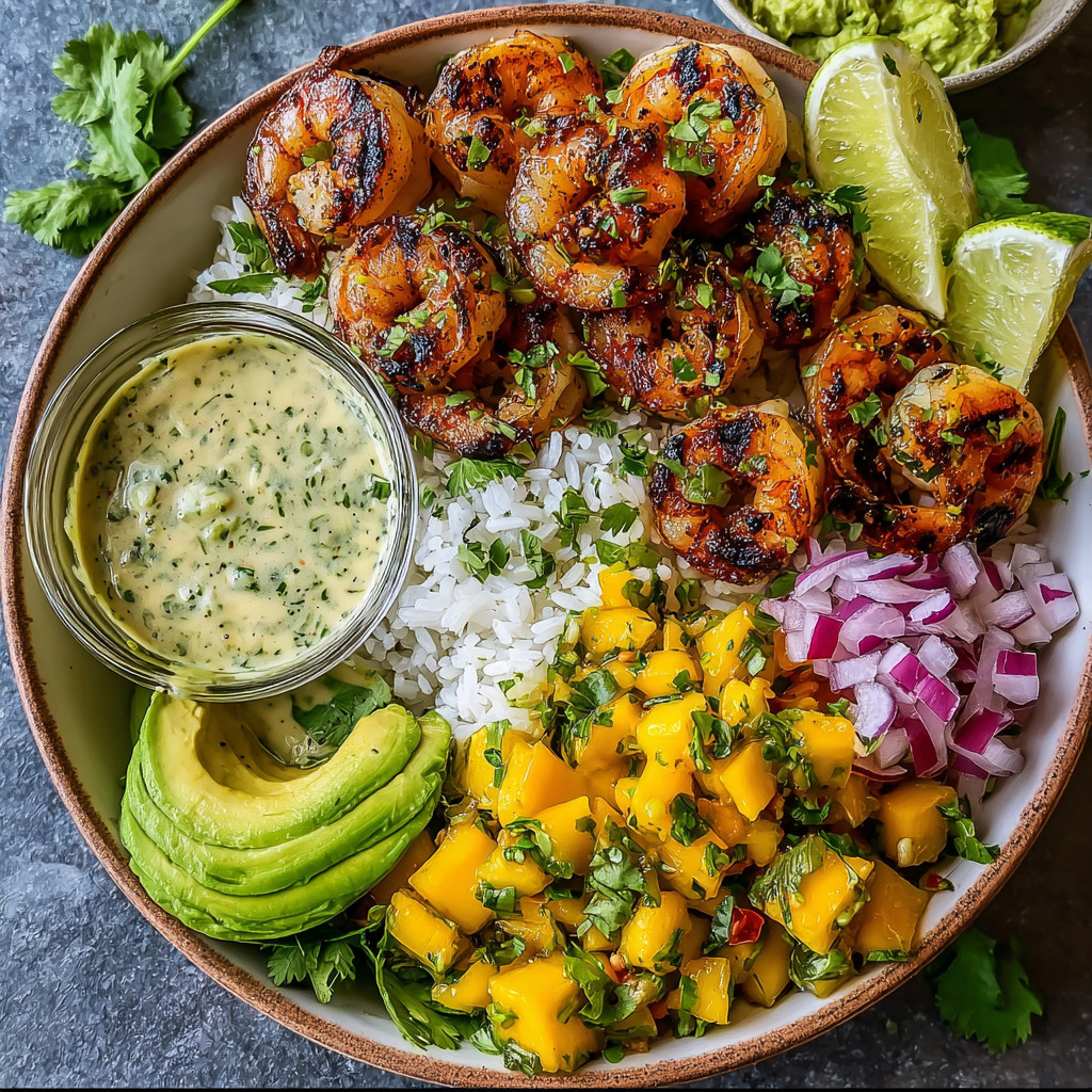 A bowl of food with shrimp, avocado, and lime.