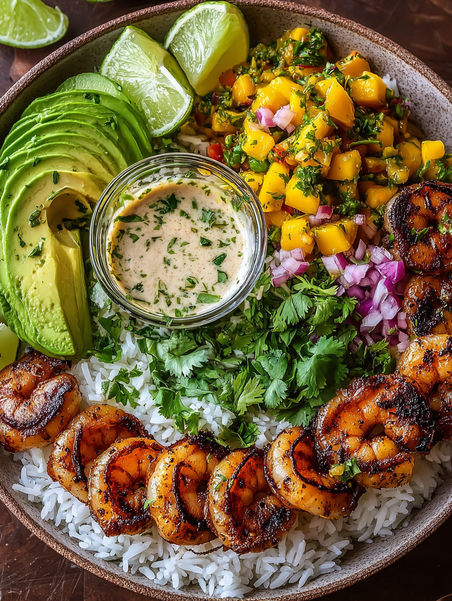 A bowl of food with shrimp, rice, and vegetables.