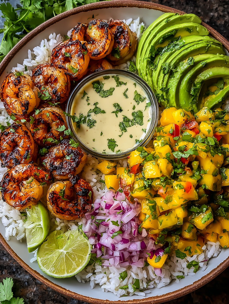 A plate of food with shrimp, rice, and vegetables.