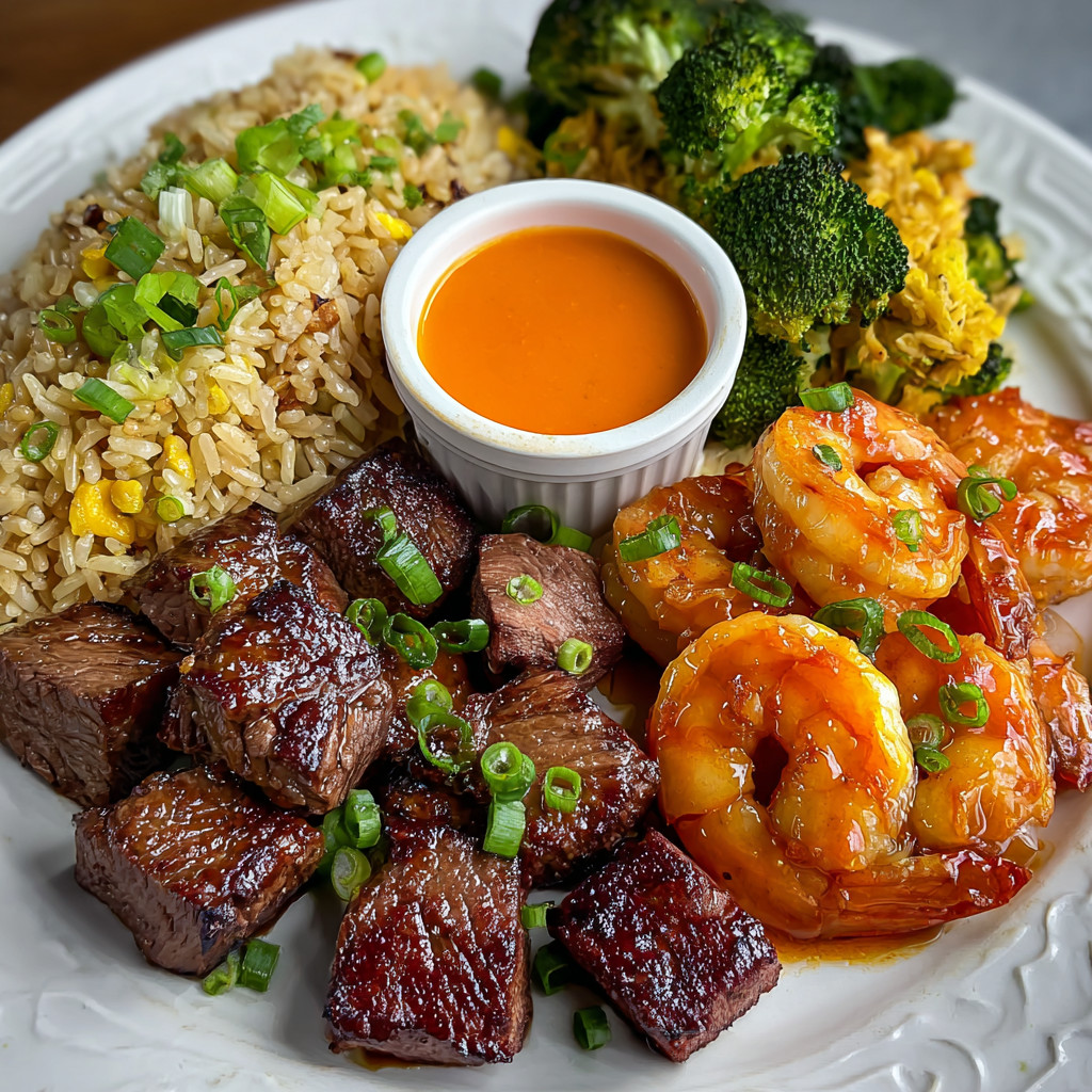 A plate of food with rice, broccoli, shrimp, and beef.