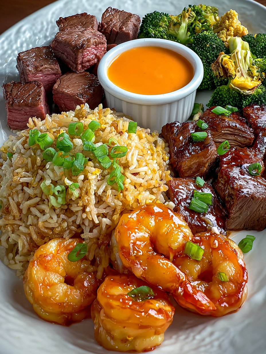 A plate of food with rice, shrimp, and beef.