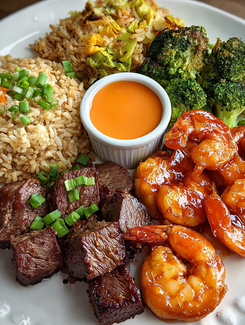 A plate of food with shrimp, rice, and broccoli.