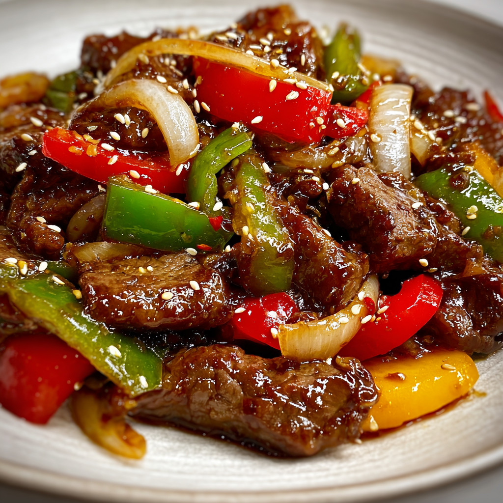 A plate of beef with peppers and onions.