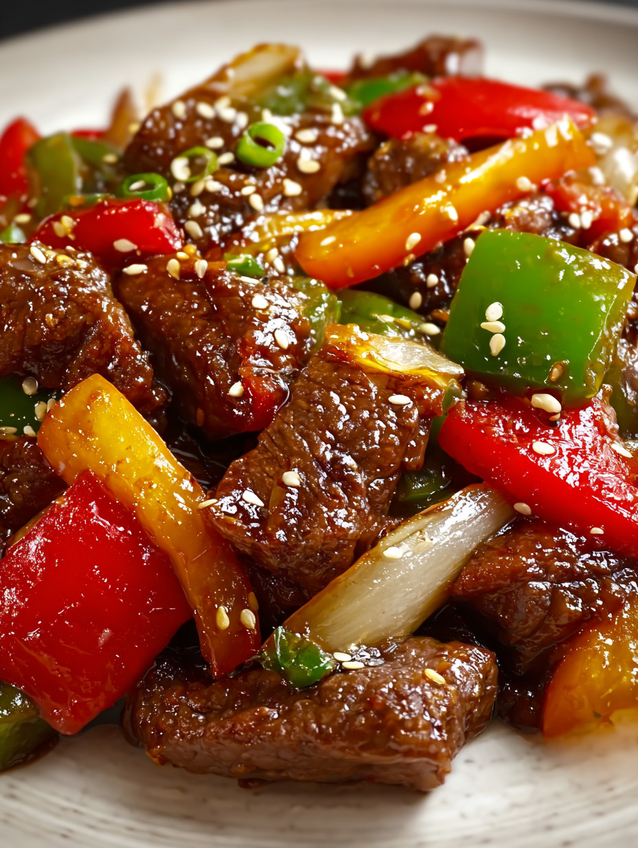 A plate of beef and peppers.