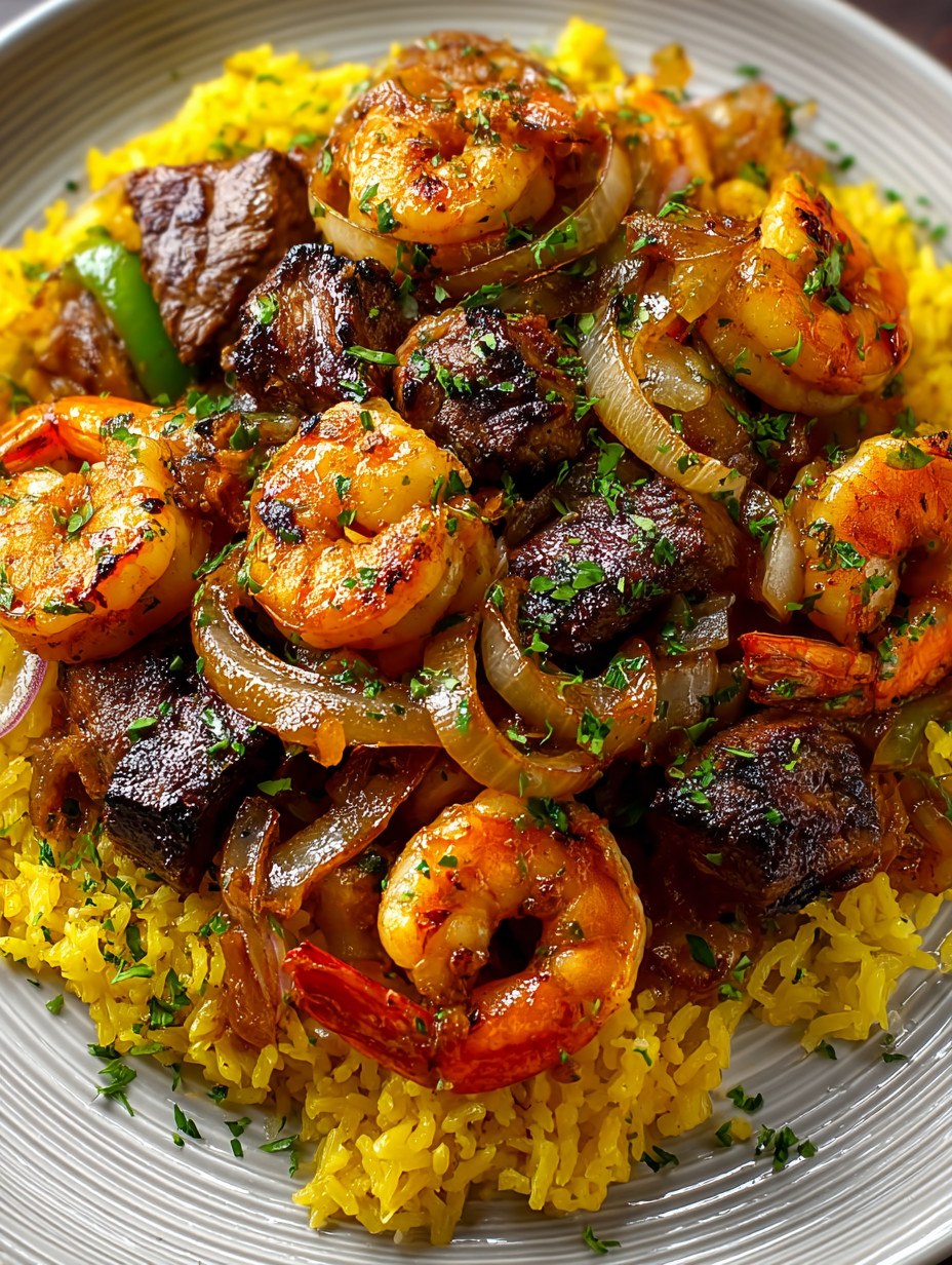 A plate of shrimp and rice.