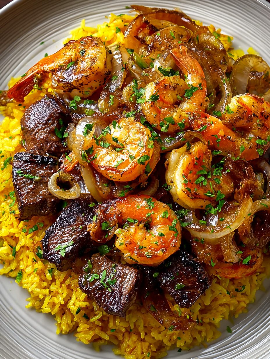 A plate of shrimp and onions.