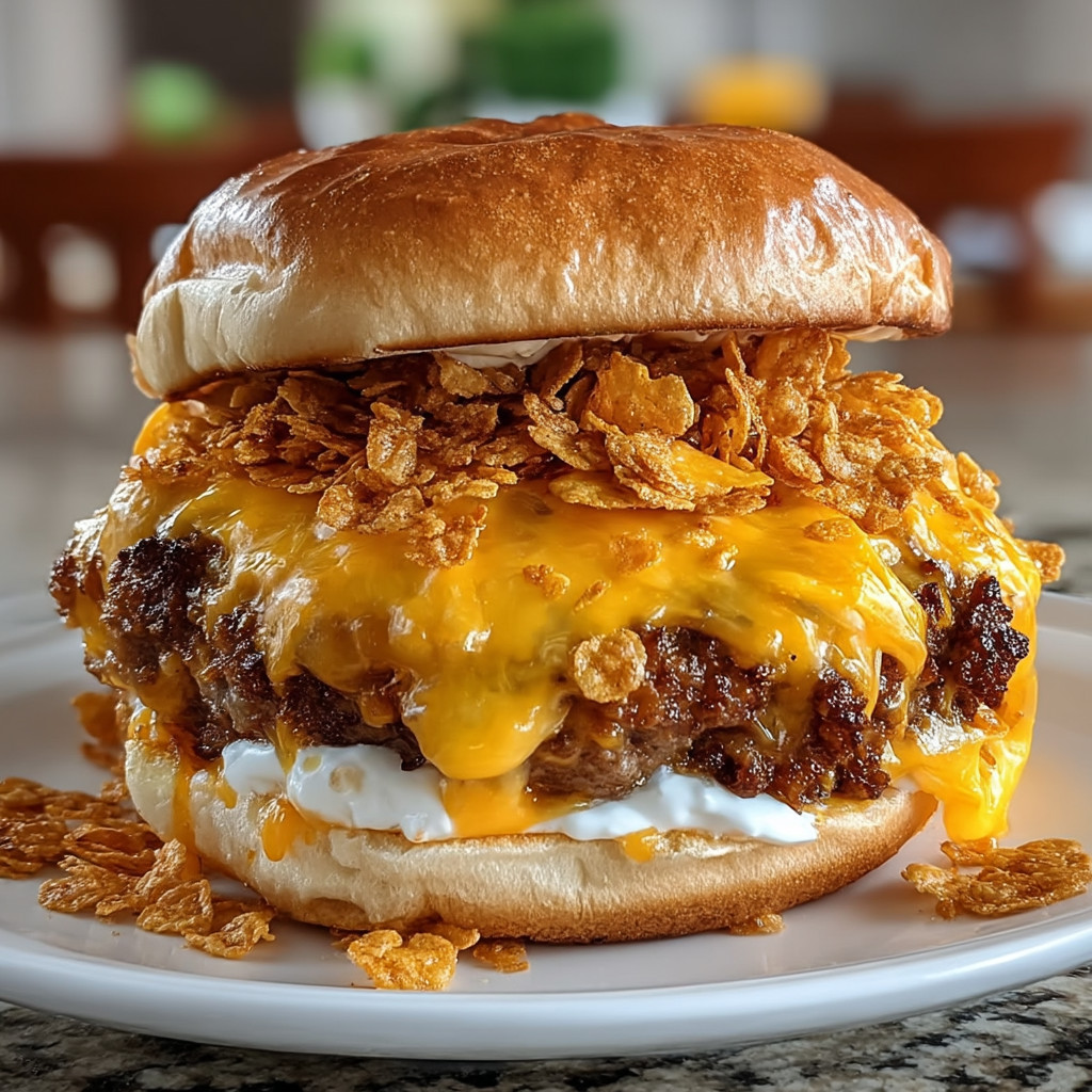 A hamburger with cheese and crispy cereal on top.