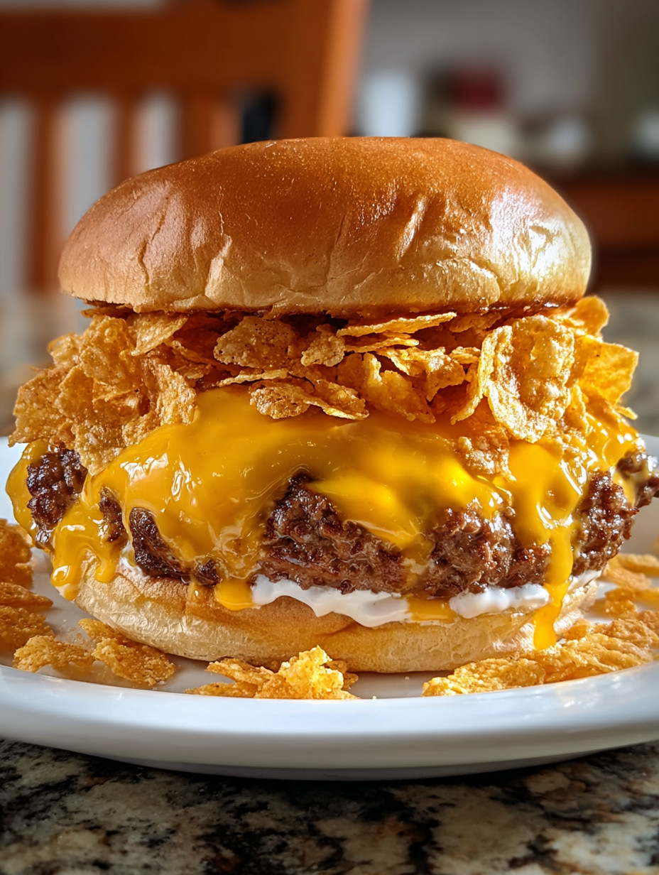 A close up of a burger with chips on top.