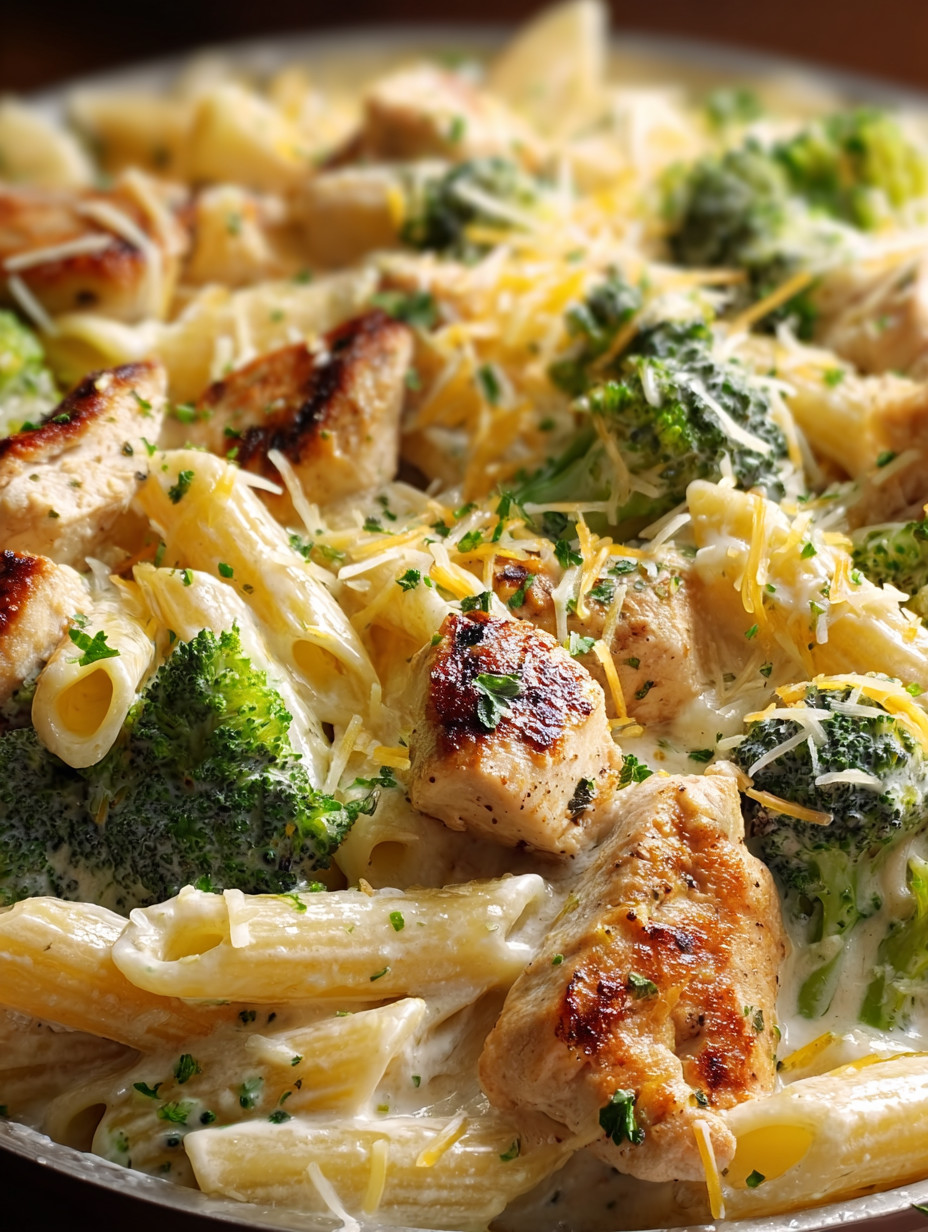A plate of food with chicken, broccoli, and pasta.