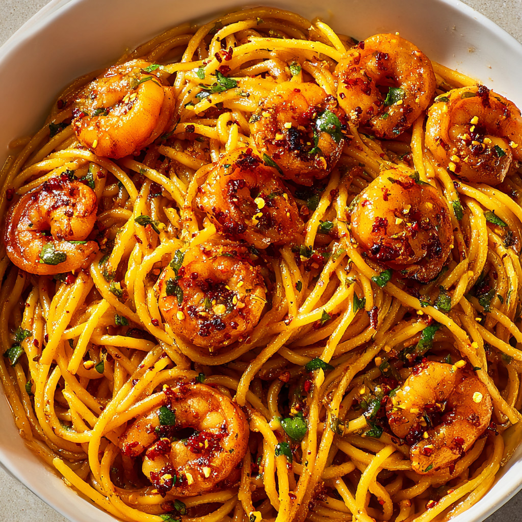 A bowl of shrimp and noodles.