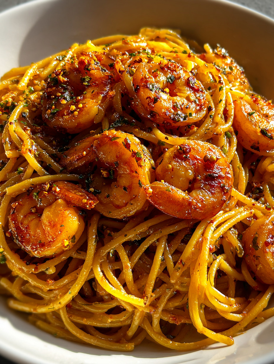 A bowl of shrimp and noodles.