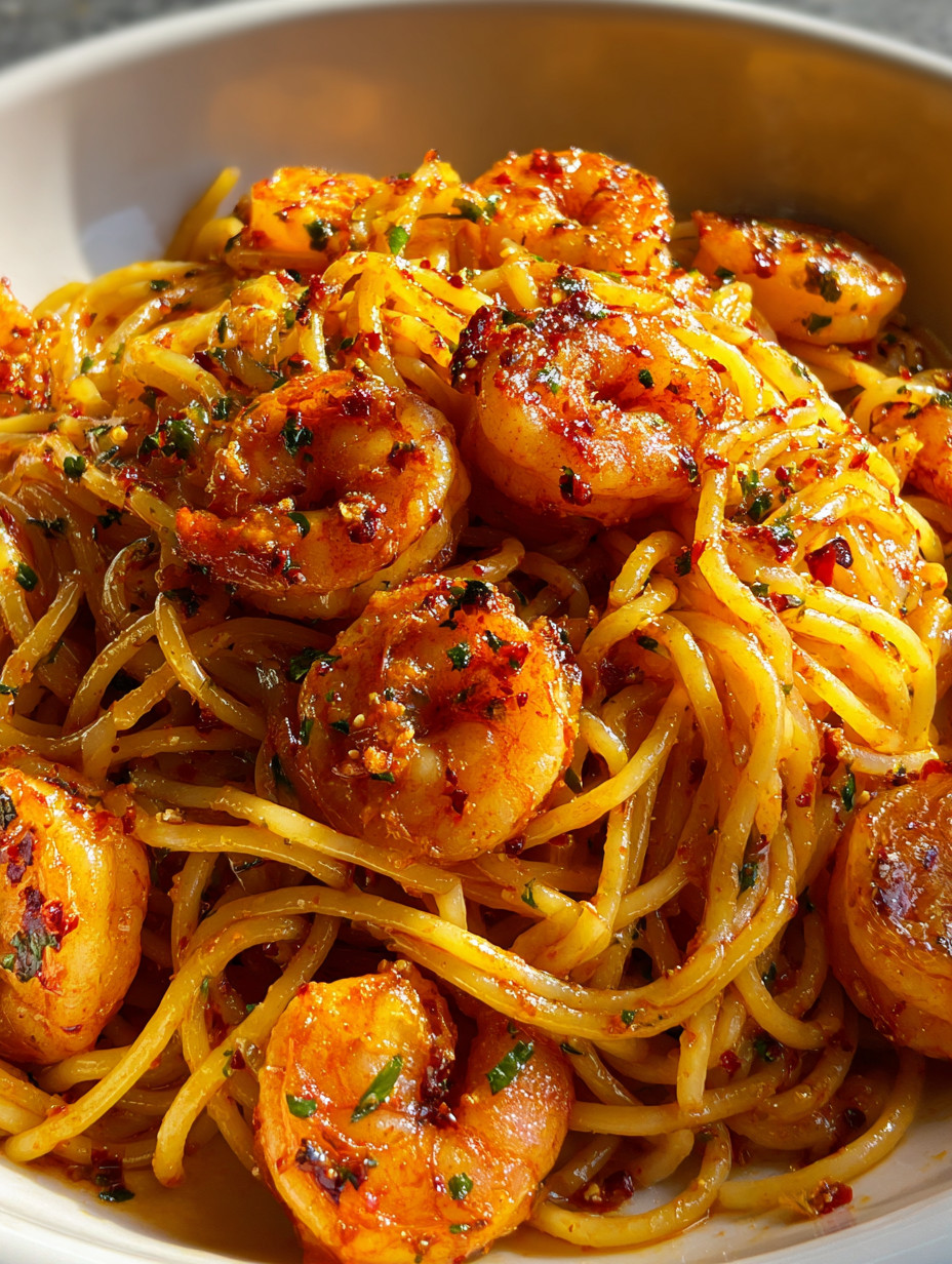 A bowl of shrimp and noodles.
