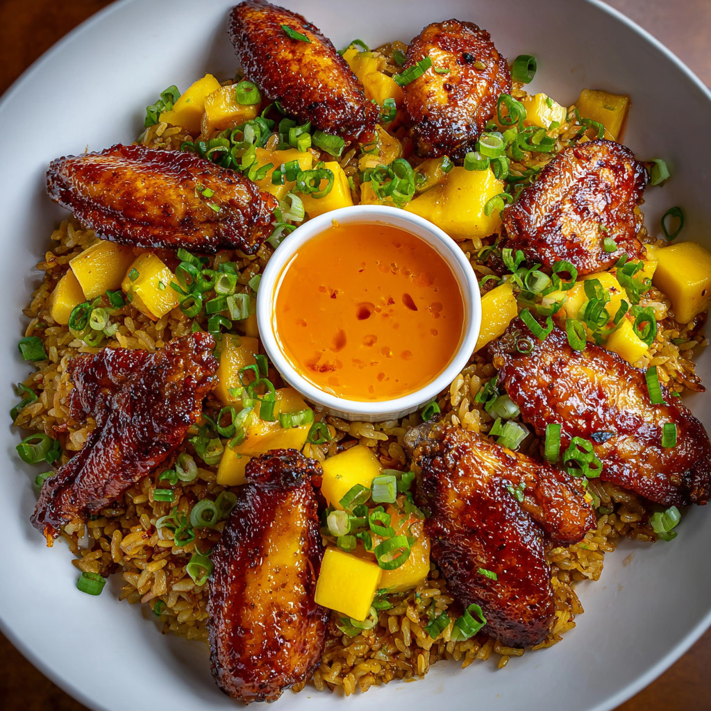 A plate of food with rice, chicken, and mango.