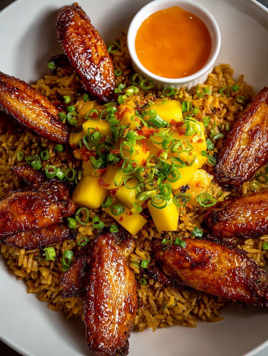 A plate of food with rice, pineapple, and chicken.