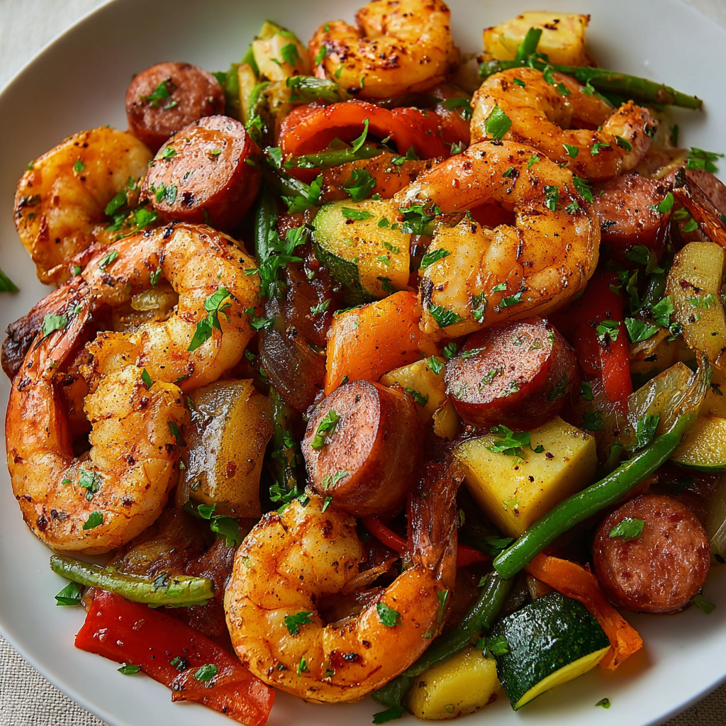 A plate of shrimp and vegetables.
