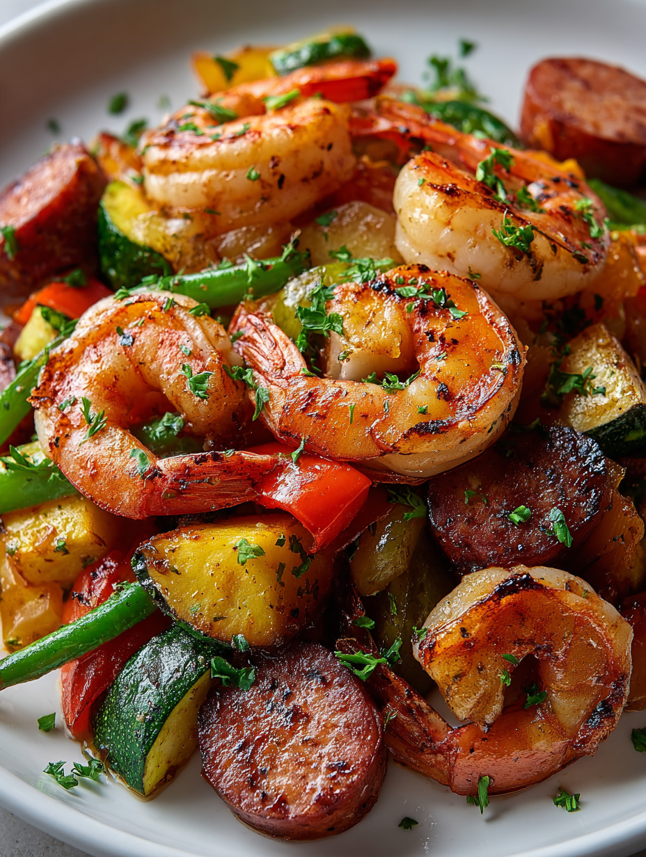 A plate of shrimp and vegetables.