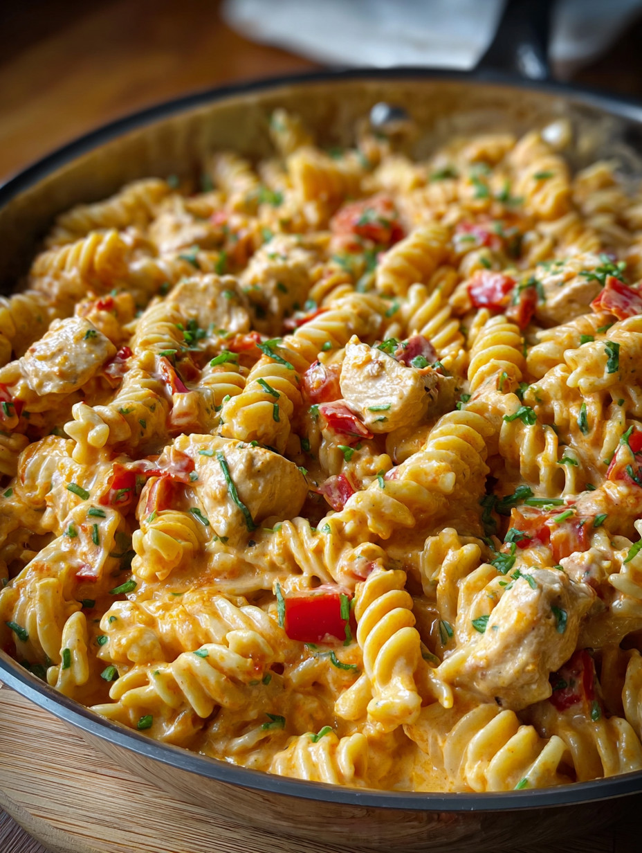 A bowl of pasta with chicken and tomatoes.