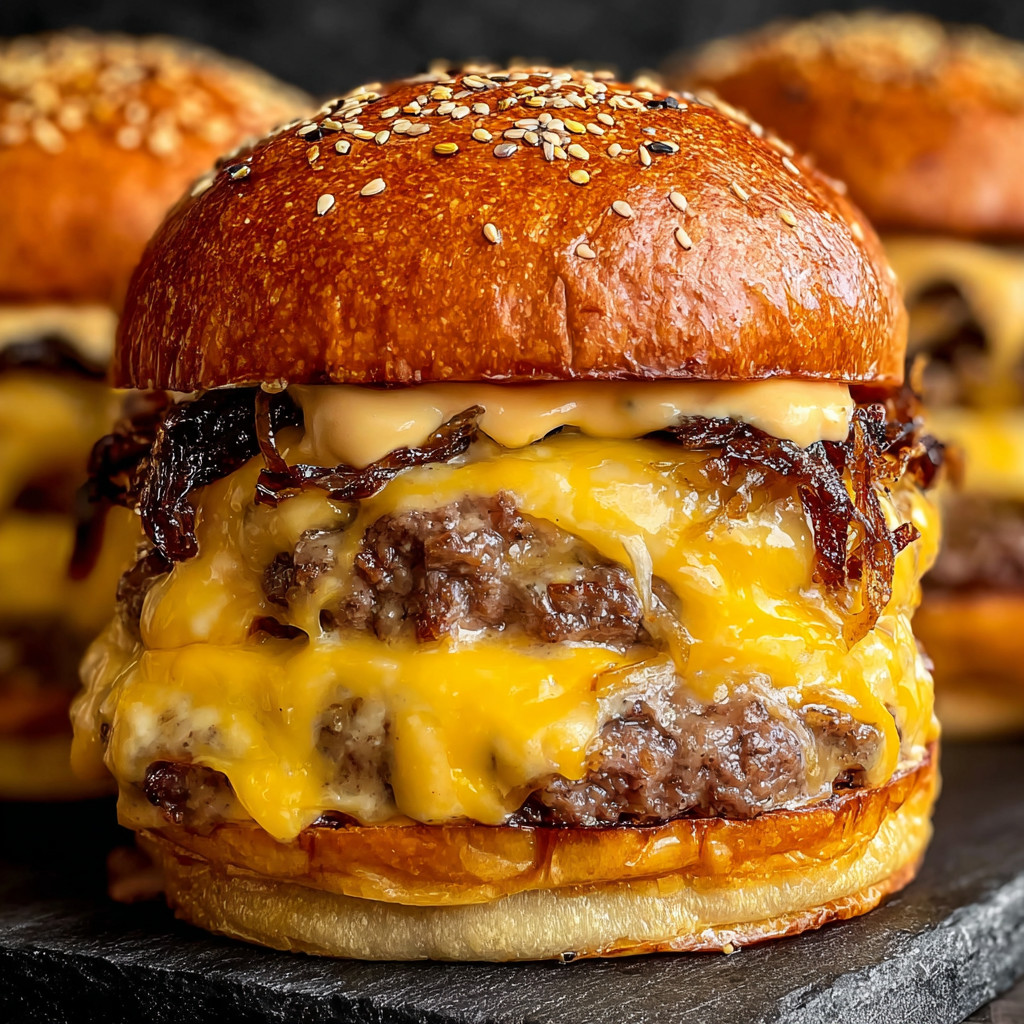 A close up of a burger with cheese and bacon.