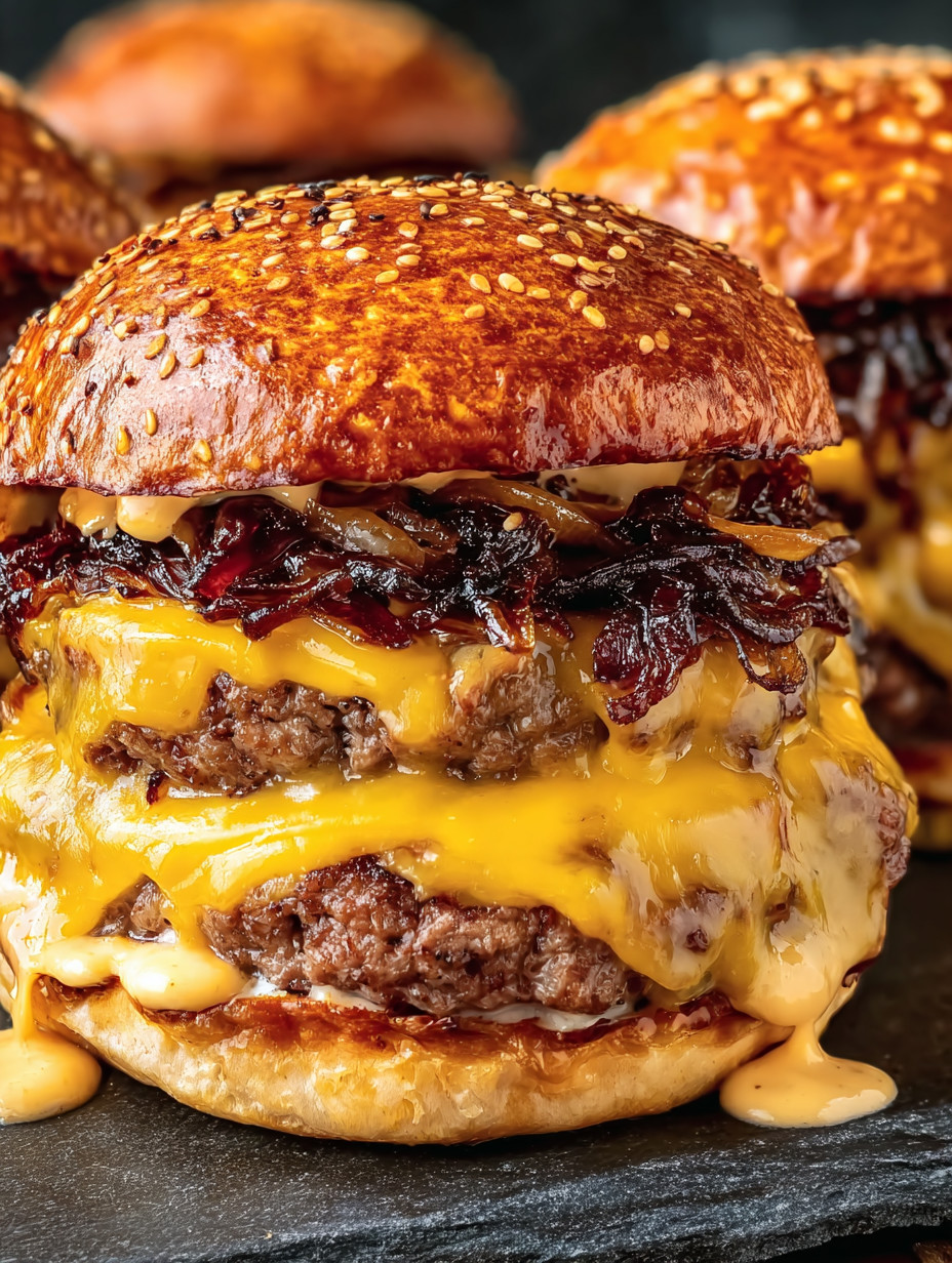 A close up of a burger with cheese and bacon.