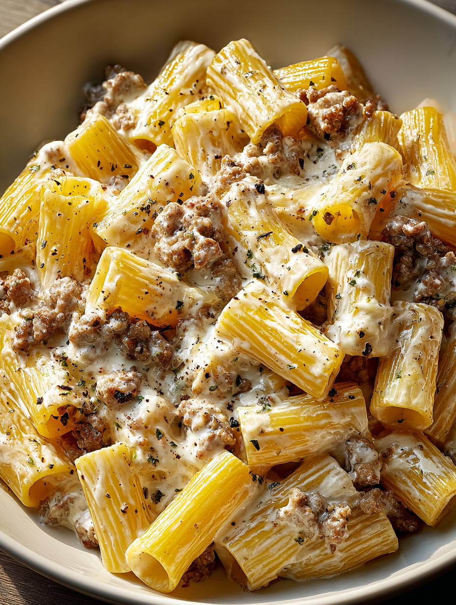 A bowl of pasta with meat and cheese.